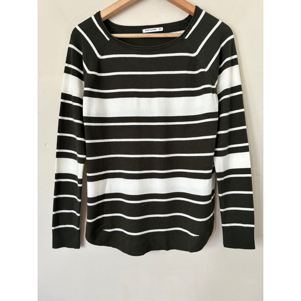 Pink Clover Olive Green White Striped Raglan Sleeve Sweater Size M Minimalist